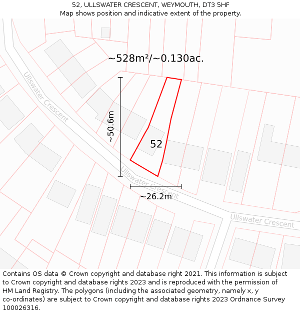 52, ULLSWATER CRESCENT, WEYMOUTH, DT3 5HF: Plot and title map