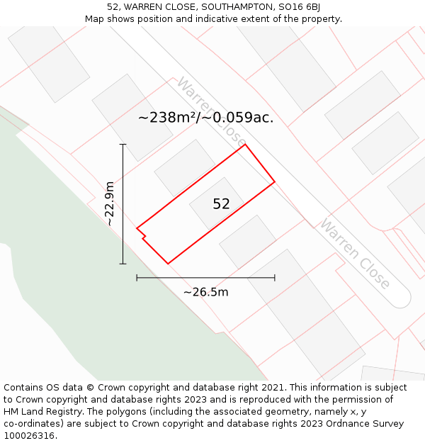 52, WARREN CLOSE, SOUTHAMPTON, SO16 6BJ: Plot and title map