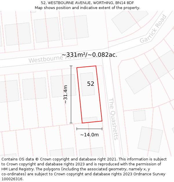 52, WESTBOURNE AVENUE, WORTHING, BN14 8DF: Plot and title map