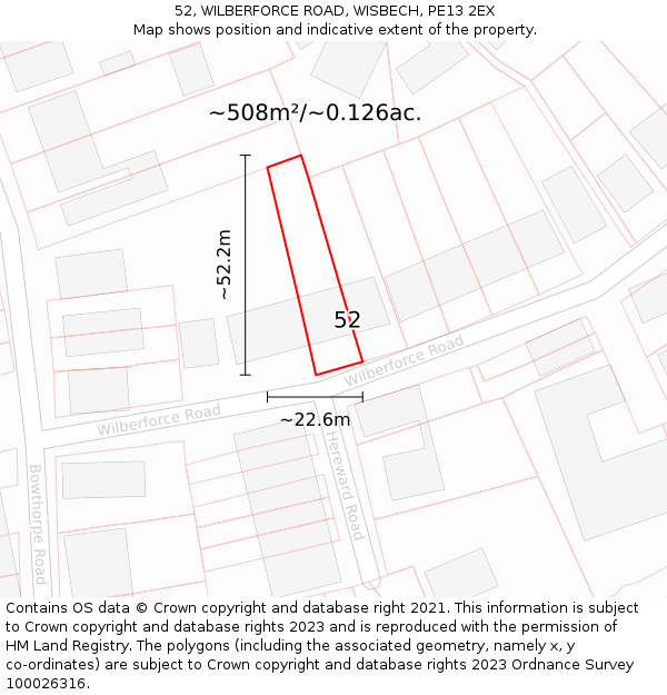 52, WILBERFORCE ROAD, WISBECH, PE13 2EX: Plot and title map