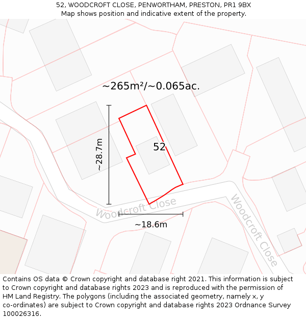 52, WOODCROFT CLOSE, PENWORTHAM, PRESTON, PR1 9BX: Plot and title map