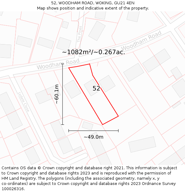 52, WOODHAM ROAD, WOKING, GU21 4EN: Plot and title map