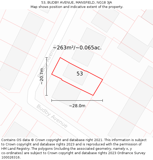 53, BUDBY AVENUE, MANSFIELD, NG18 3JA: Plot and title map