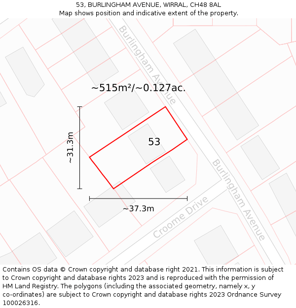 53, BURLINGHAM AVENUE, WIRRAL, CH48 8AL: Plot and title map