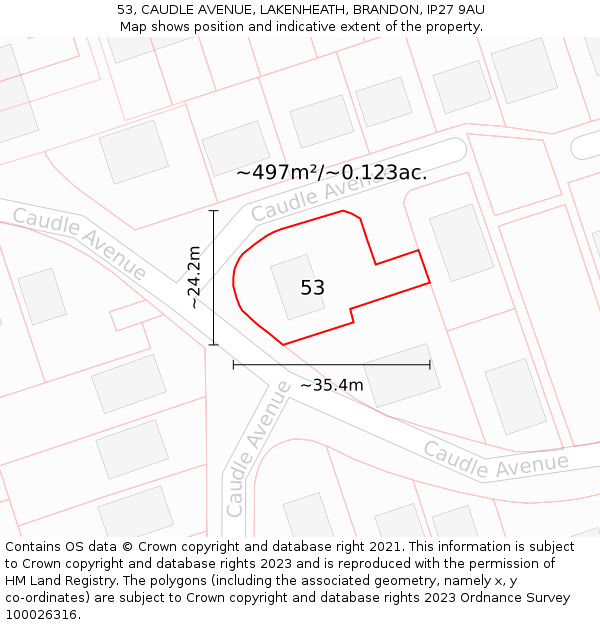 53, CAUDLE AVENUE, LAKENHEATH, BRANDON, IP27 9AU: Plot and title map