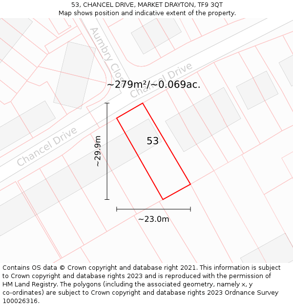 53, CHANCEL DRIVE, MARKET DRAYTON, TF9 3QT: Plot and title map