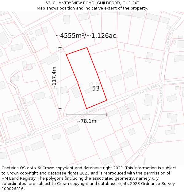 53, CHANTRY VIEW ROAD, GUILDFORD, GU1 3XT: Plot and title map