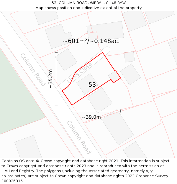 53, COLUMN ROAD, WIRRAL, CH48 8AW: Plot and title map