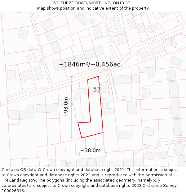 53, FURZE ROAD, WORTHING, BN13 3BH: Plot and title map