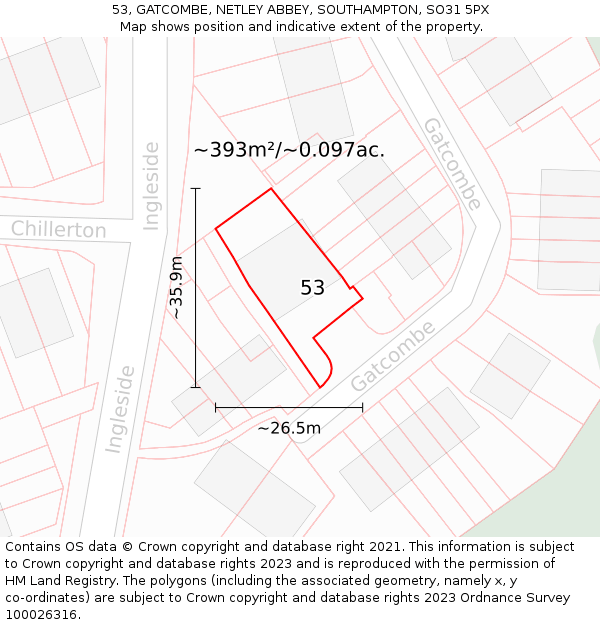 53, GATCOMBE, NETLEY ABBEY, SOUTHAMPTON, SO31 5PX: Plot and title map