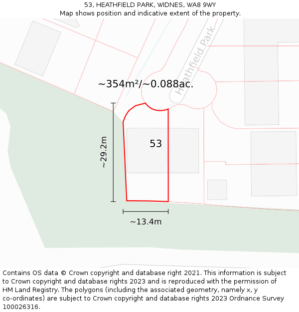 53, HEATHFIELD PARK, WIDNES, WA8 9WY: Plot and title map