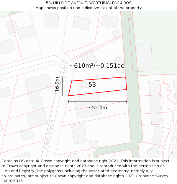 53, HILLSIDE AVENUE, WORTHING, BN14 9QS: Plot and title map