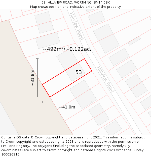 53, HILLVIEW ROAD, WORTHING, BN14 0BX: Plot and title map