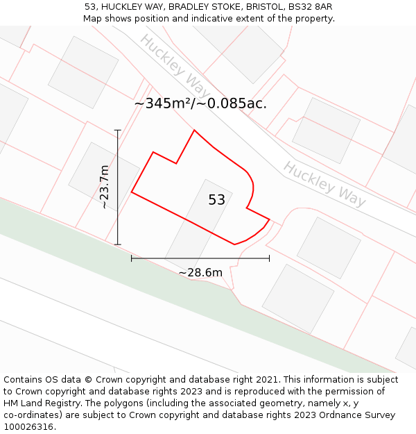 53, HUCKLEY WAY, BRADLEY STOKE, BRISTOL, BS32 8AR: Plot and title map