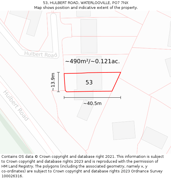 53, HULBERT ROAD, WATERLOOVILLE, PO7 7NX: Plot and title map