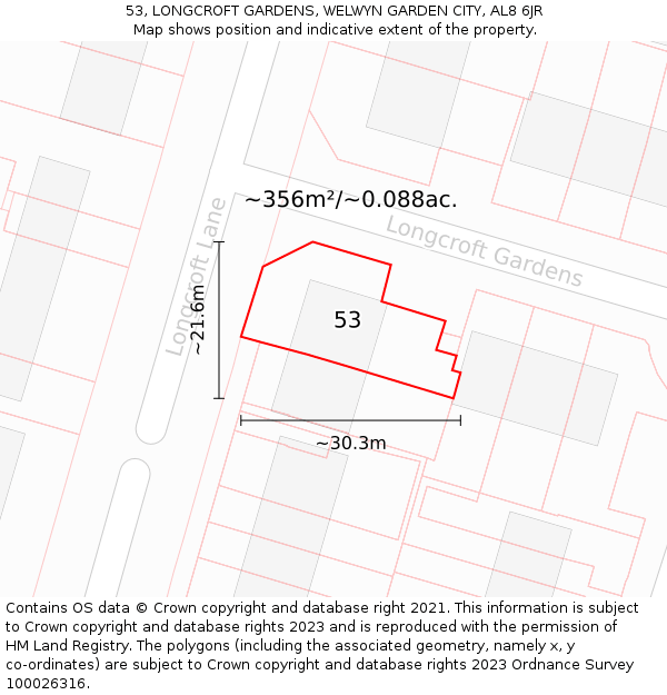 53, LONGCROFT GARDENS, WELWYN GARDEN CITY, AL8 6JR: Plot and title map