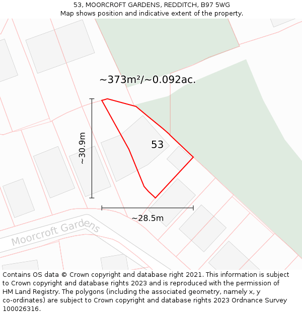 53, MOORCROFT GARDENS, REDDITCH, B97 5WG: Plot and title map