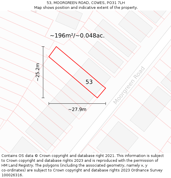 53, MOORGREEN ROAD, COWES, PO31 7LH: Plot and title map