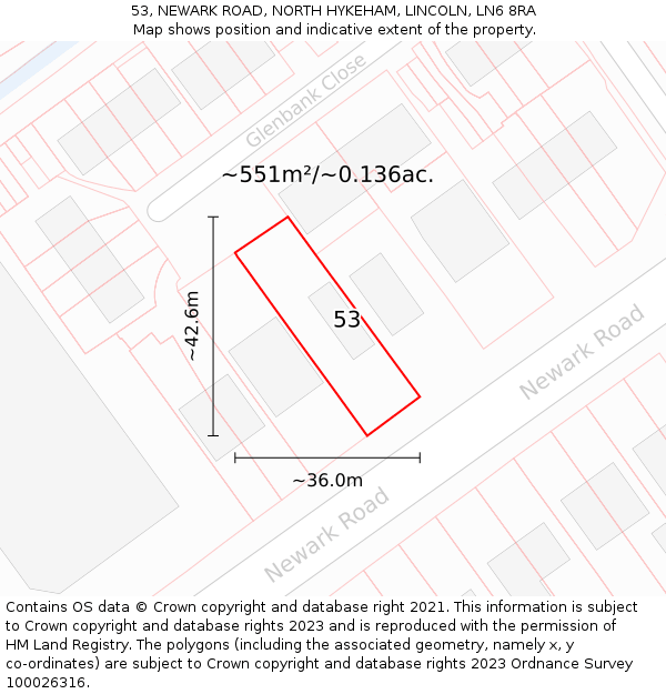 53, NEWARK ROAD, NORTH HYKEHAM, LINCOLN, LN6 8RA: Plot and title map