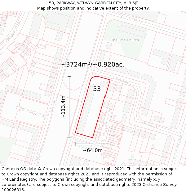 53, PARKWAY, WELWYN GARDEN CITY, AL8 6JF: Plot and title map