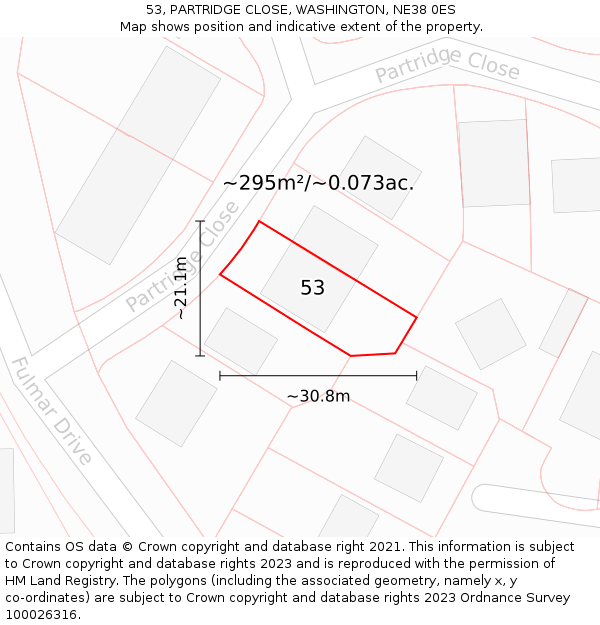 53, PARTRIDGE CLOSE, WASHINGTON, NE38 0ES: Plot and title map