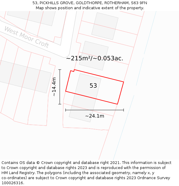 53, PICKHILLS GROVE, GOLDTHORPE, ROTHERHAM, S63 9FN: Plot and title map