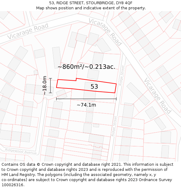 53, RIDGE STREET, STOURBRIDGE, DY8 4QF: Plot and title map