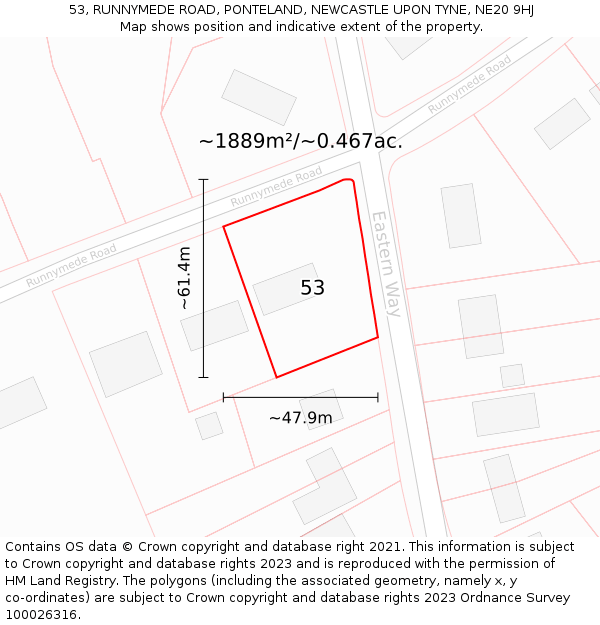 53, RUNNYMEDE ROAD, PONTELAND, NEWCASTLE UPON TYNE, NE20 9HJ: Plot and title map