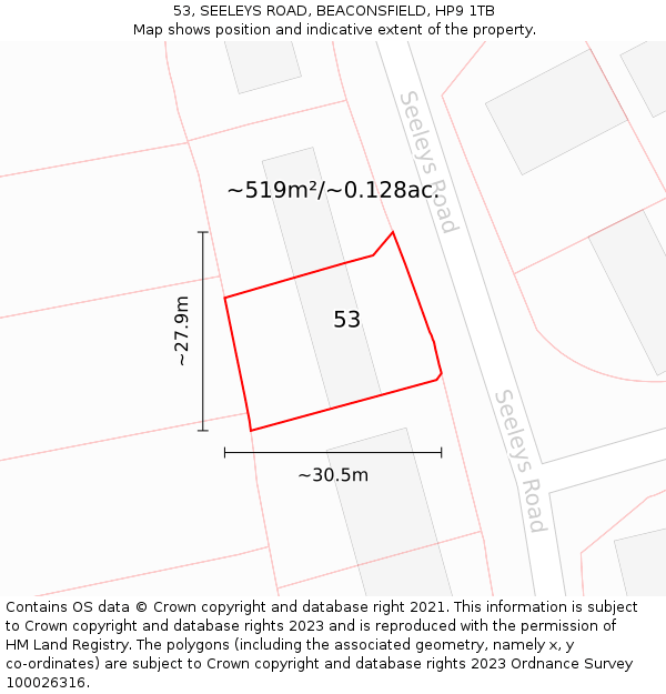 53, SEELEYS ROAD, BEACONSFIELD, HP9 1TB: Plot and title map