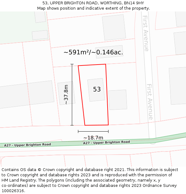 53, UPPER BRIGHTON ROAD, WORTHING, BN14 9HY: Plot and title map