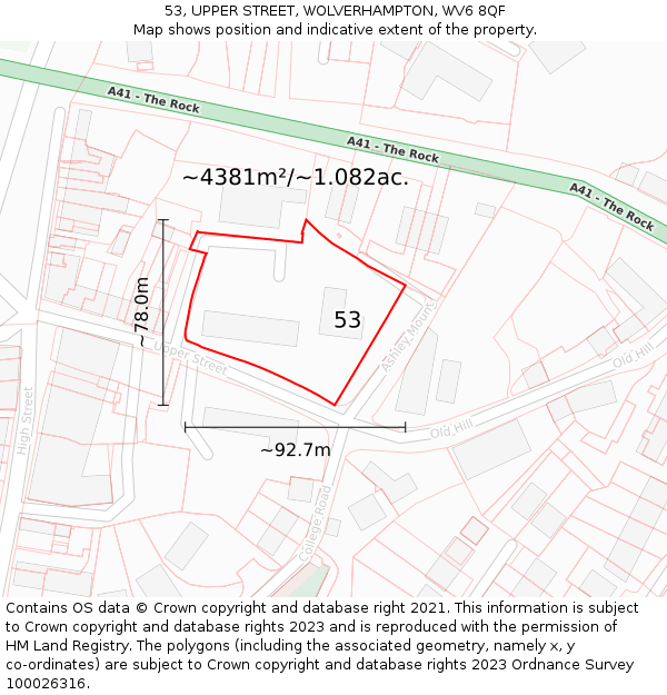 53, UPPER STREET, WOLVERHAMPTON, WV6 8QF: Plot and title map
