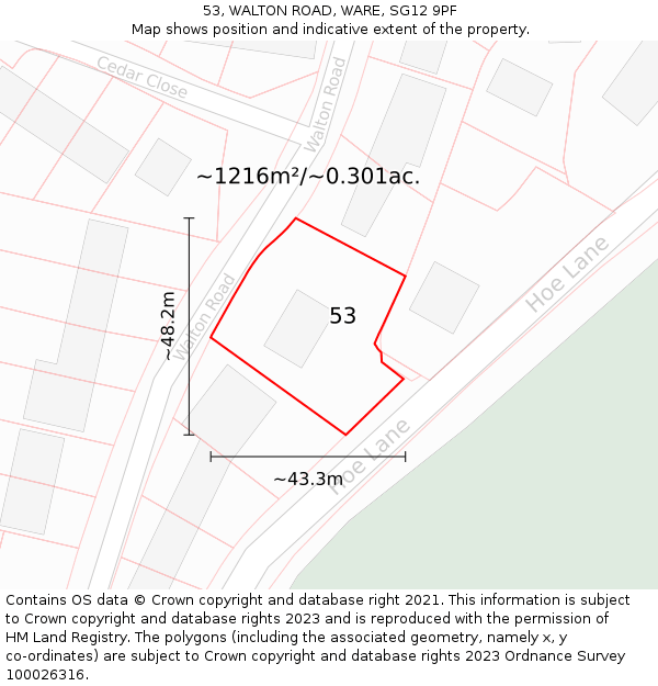 53, WALTON ROAD, WARE, SG12 9PF: Plot and title map