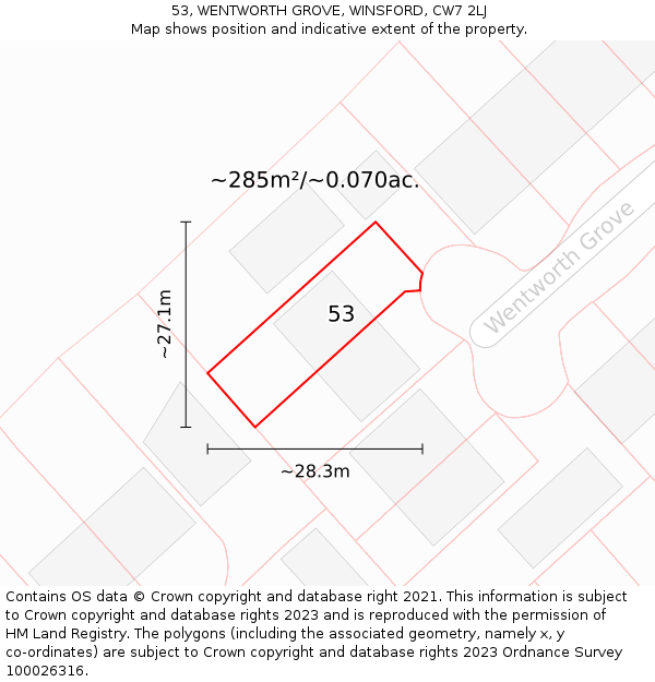 53, WENTWORTH GROVE, WINSFORD, CW7 2LJ: Plot and title map