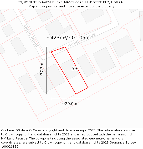 53, WESTFIELD AVENUE, SKELMANTHORPE, HUDDERSFIELD, HD8 9AH: Plot and title map