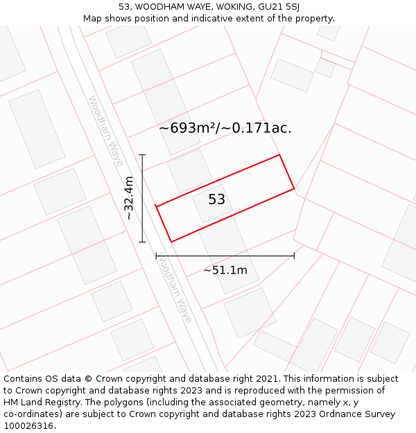 53, WOODHAM WAYE, WOKING, GU21 5SJ: Plot and title map