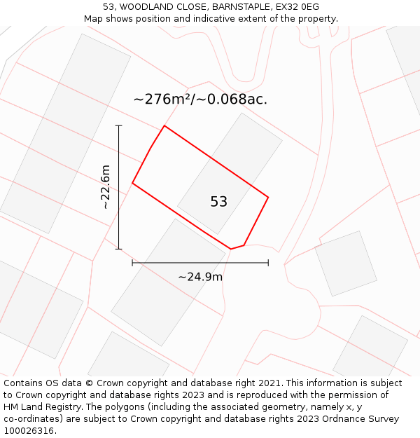 53, WOODLAND CLOSE, BARNSTAPLE, EX32 0EG: Plot and title map