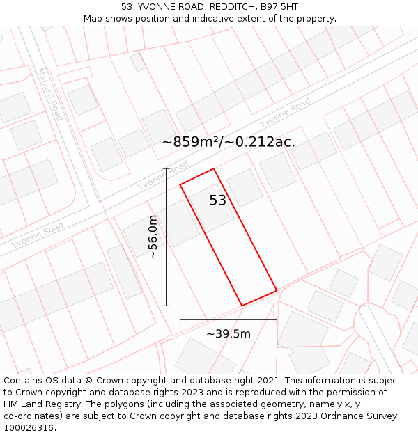 53, YVONNE ROAD, REDDITCH, B97 5HT: Plot and title map