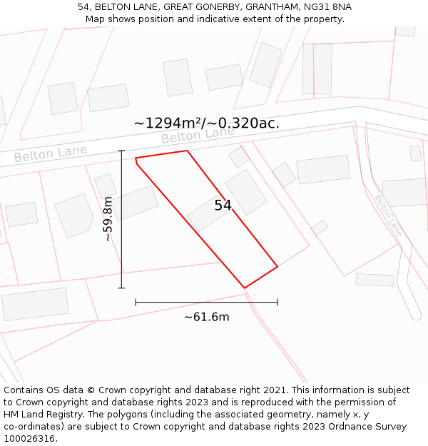 54, BELTON LANE, GREAT GONERBY, GRANTHAM, NG31 8NA: Plot and title map