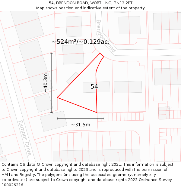 54, BRENDON ROAD, WORTHING, BN13 2PT: Plot and title map