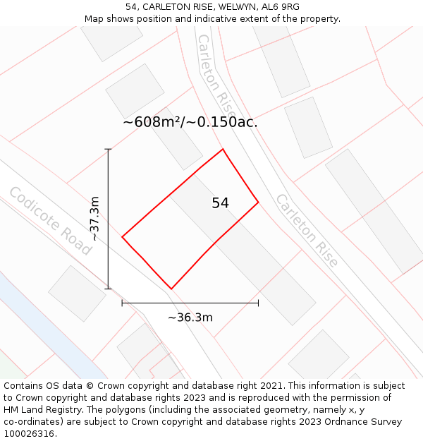 54, CARLETON RISE, WELWYN, AL6 9RG: Plot and title map