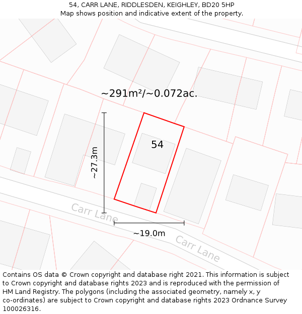 54, CARR LANE, RIDDLESDEN, KEIGHLEY, BD20 5HP: Plot and title map