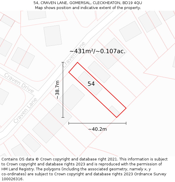 54, CRAVEN LANE, GOMERSAL, CLECKHEATON, BD19 4QU: Plot and title map