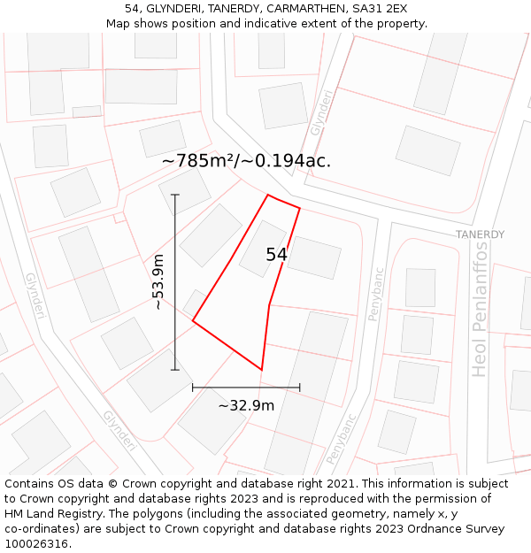 54, GLYNDERI, TANERDY, CARMARTHEN, SA31 2EX: Plot and title map