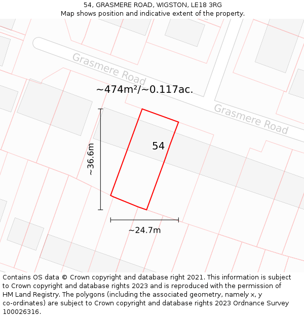 54, GRASMERE ROAD, WIGSTON, LE18 3RG: Plot and title map