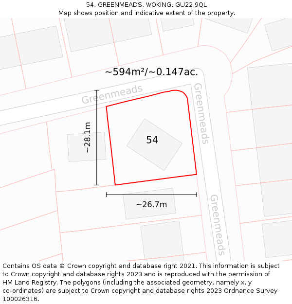 54, GREENMEADS, WOKING, GU22 9QL: Plot and title map