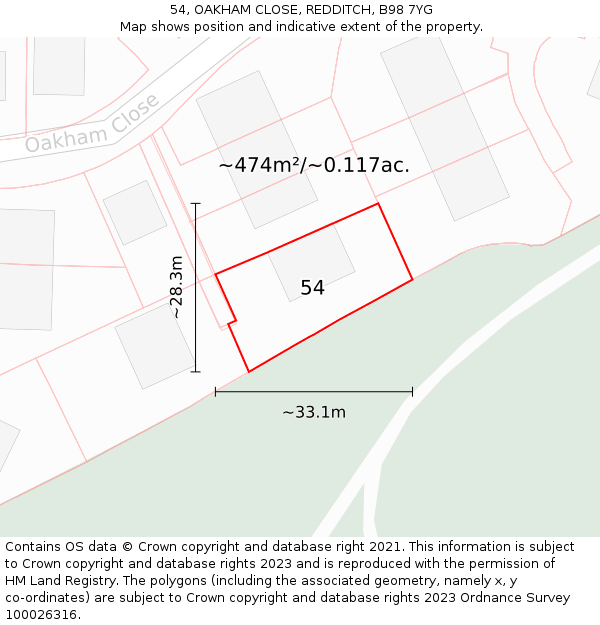 54, OAKHAM CLOSE, REDDITCH, B98 7YG: Plot and title map