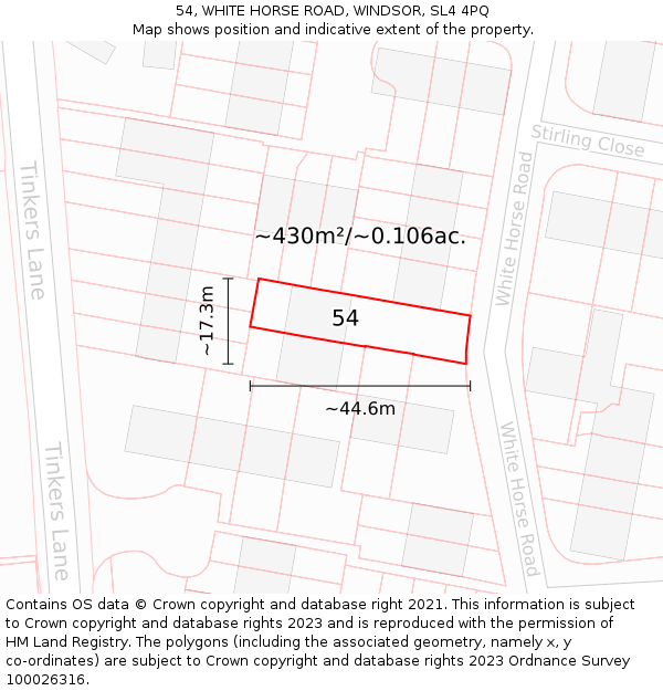 54, WHITE HORSE ROAD, WINDSOR, SL4 4PQ: Plot and title map