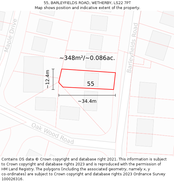 55, BARLEYFIELDS ROAD, WETHERBY, LS22 7PT: Plot and title map