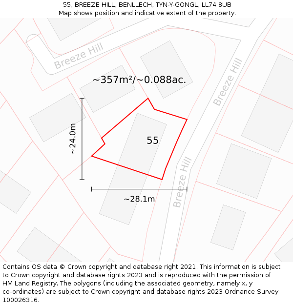 55, BREEZE HILL, BENLLECH, TYN-Y-GONGL, LL74 8UB: Plot and title map