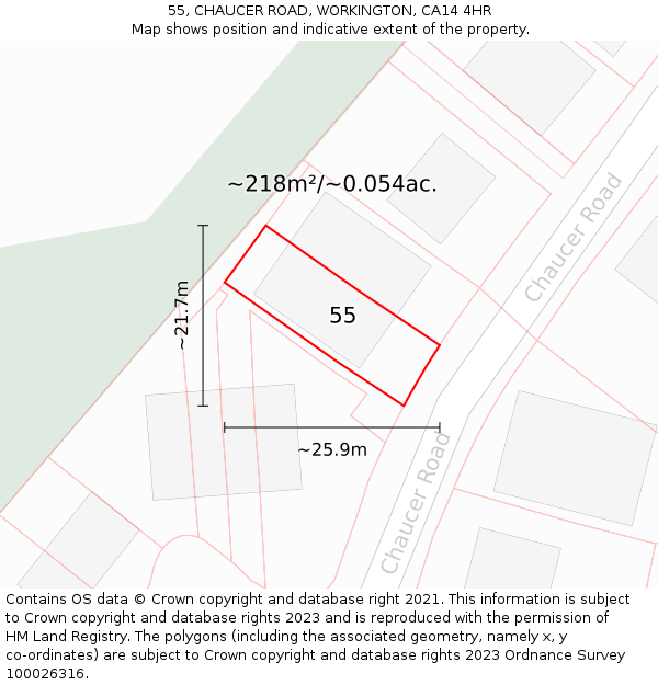 55, CHAUCER ROAD, WORKINGTON, CA14 4HR: Plot and title map
